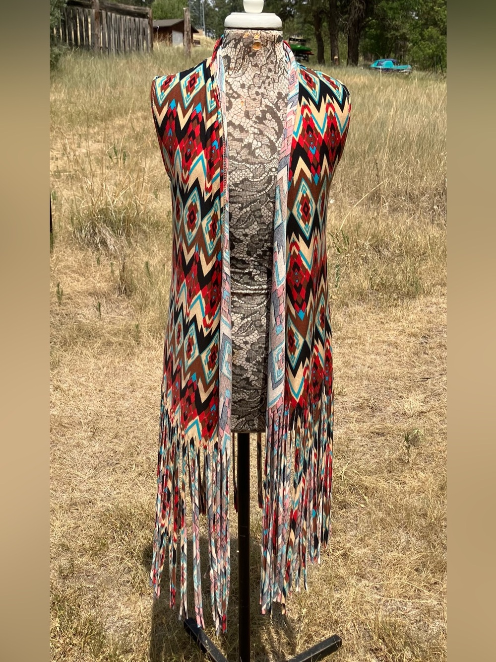 Fringed Aztec Pattern Sleeveless Vest in Red & Turquoise